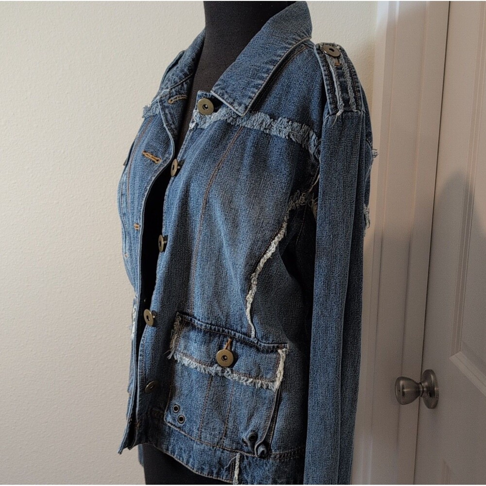 Angel Kiss Women's Blue Frayed Denim Jacket Button Front With Pockets Size XL - Picture 2 of 8
